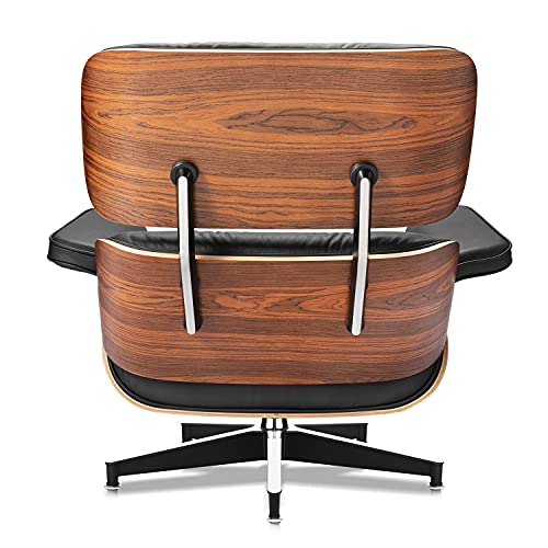 Mid Century Lounge Chair and Ottoman, Modern Chair Classic Design, Top Black Grain Leather Palisander Wood, Heavy Duty Base Support for Living Room Study Lounge Office