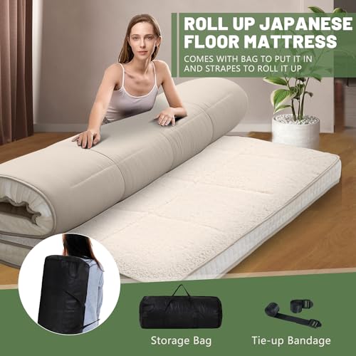 Japanese Floor Mattress Futon Mattress, Foldable Mattress Topper Thicken Tatami Mat Roll Up Mattress, Folding Sleeping Pad Breathable Floor Lounger Guest Bed for Camping Couch, Twin Full Queen