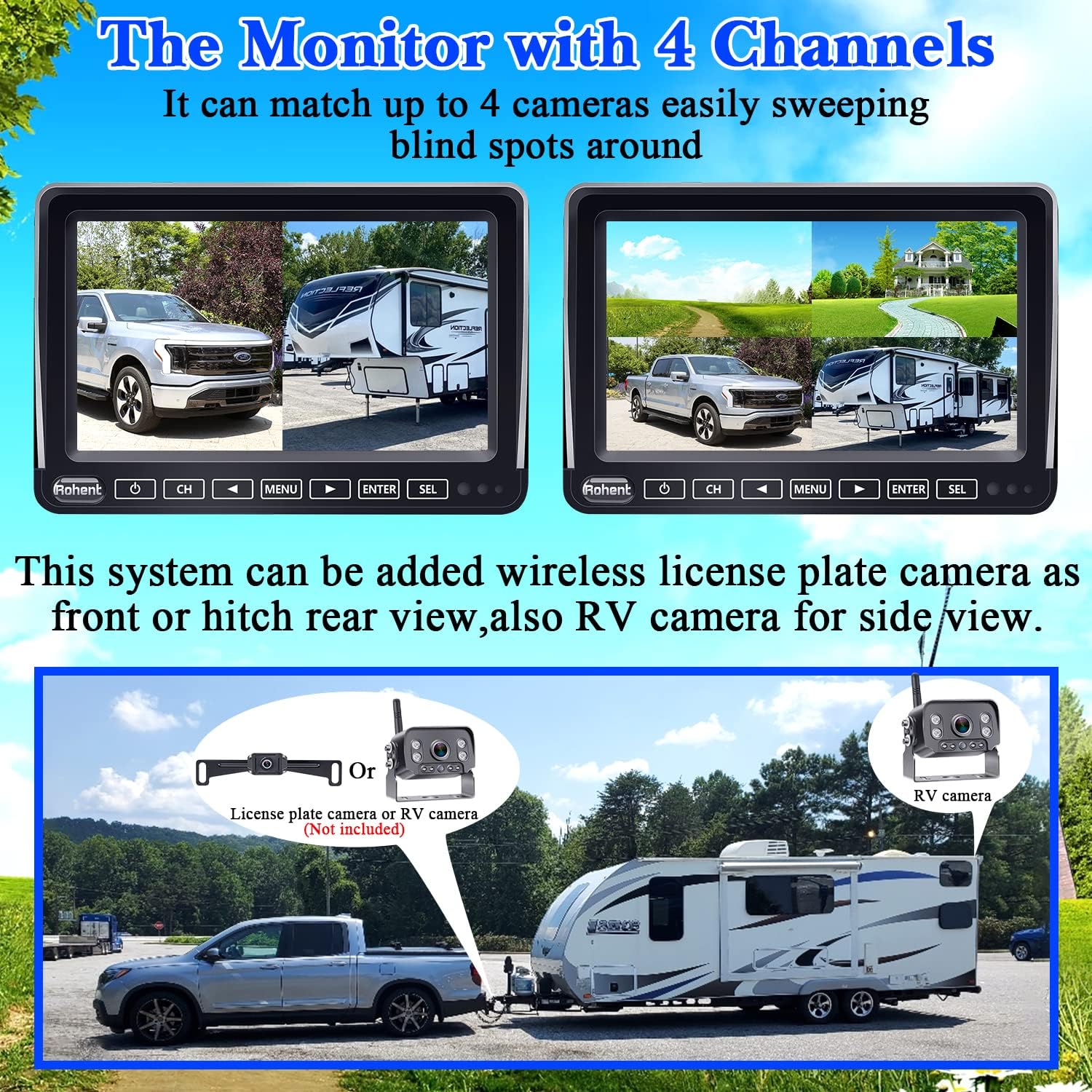 Wireless Backup Camera RV HD 1080P 7'' Touch Key DVR Monitor Rear View System Infrared Night Vision Waterproof for Truck Trailer Camper 4 Channels Adapter for Furrion Pre-Wired RVs Rohent R9