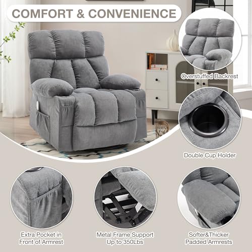 Massage Rocker Recliner Chair with Heat and Vibration Ergonomic Rocking Lounge Chair for Living Room Comfy Overstuffed Recliner with 4 Side Pockets,2 Cup Holders, USB Charge Port, Grey