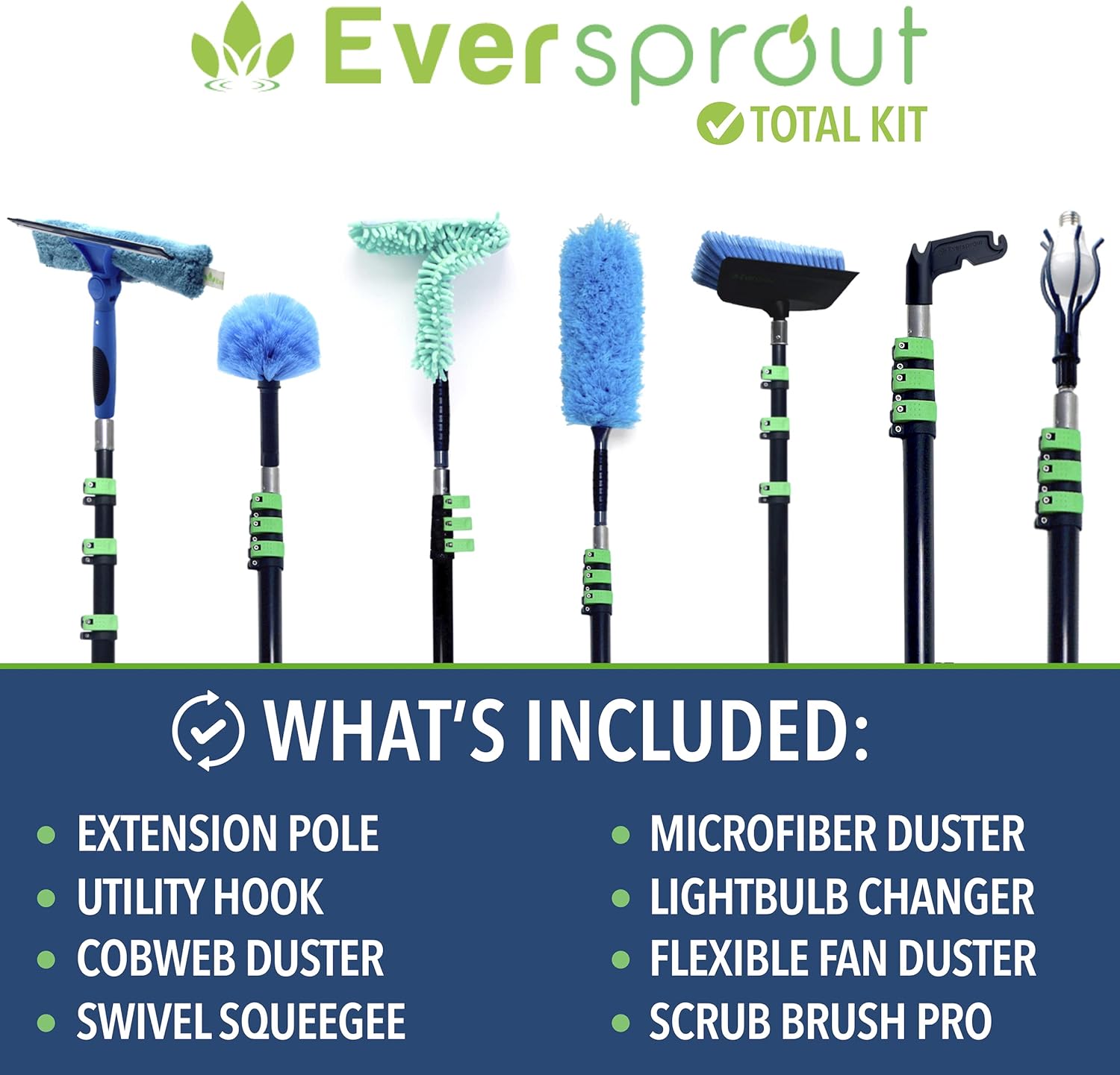 EVERSPROUT 7-to-20 Foot Extension Pole Total Kit (25+ Ft Reach) | Telescopic Pole, Scrub Brush, Light Bulb Changer, Hook, Swivel Squeegee, 3x Microfiber Dusters (Cobweb, Flexible Ceiling Fan, Feather)