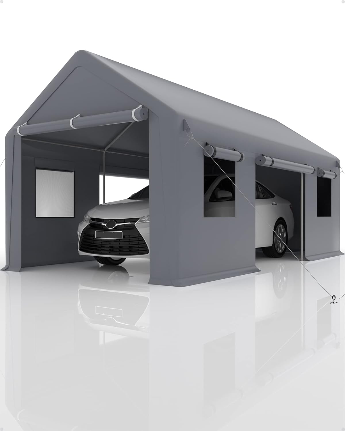 Carport 10'x20' Portable Garage, Reinforced Steel Poles, Heavy Duty Carport Canopy, 4 Roll-up Doors & 4 Mesh Windows, for Pickup, Boat, and Equipment, Gray
