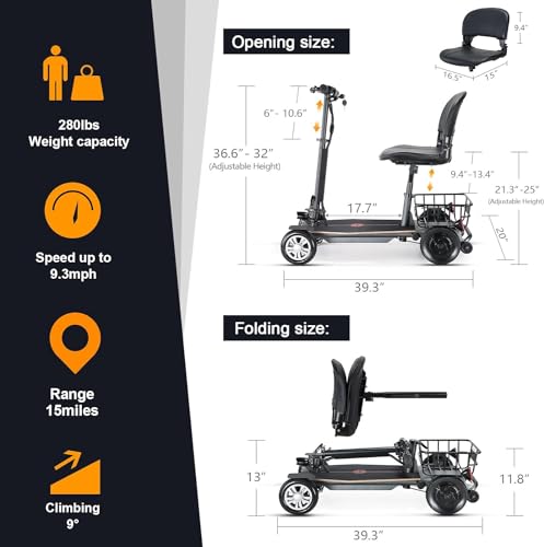 Mobility Scooters for Adults 15 Miles Driving Distance Weight Only 43lbs, 4 Wheeled Lightweight Travel Mobility Scooters, Foldable Portable Power Scooters for Seniors Support 280lbs