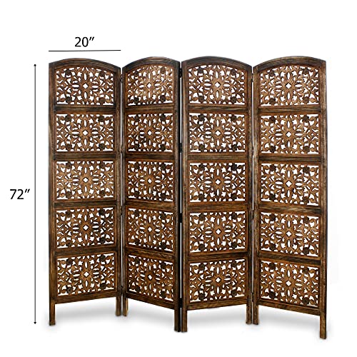 Room Divider Wood Screen - Ghanti Bells Antique Brown - 4 Panel Folding 72 x 80 - Assembled Hand Carved Decorative Functional Versatile Portable Partition Reversible Privacy Boho - COTTON CRAFT