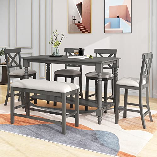UBGO 6 6,6-Piece Counter Height Set Table with Shelf 4 Chairs and Bench for for Kitchen, Dining Room,Breakfast Corner, Gray-b