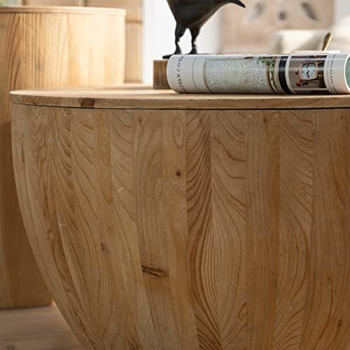 31.50" Round Drum Coffee Table - Round Wood Coffee Table with Bucket Shaped and Vintage Style, Unique Coffee Table with Storage Function, Circular Coffee Tables for Living Room (Brown)