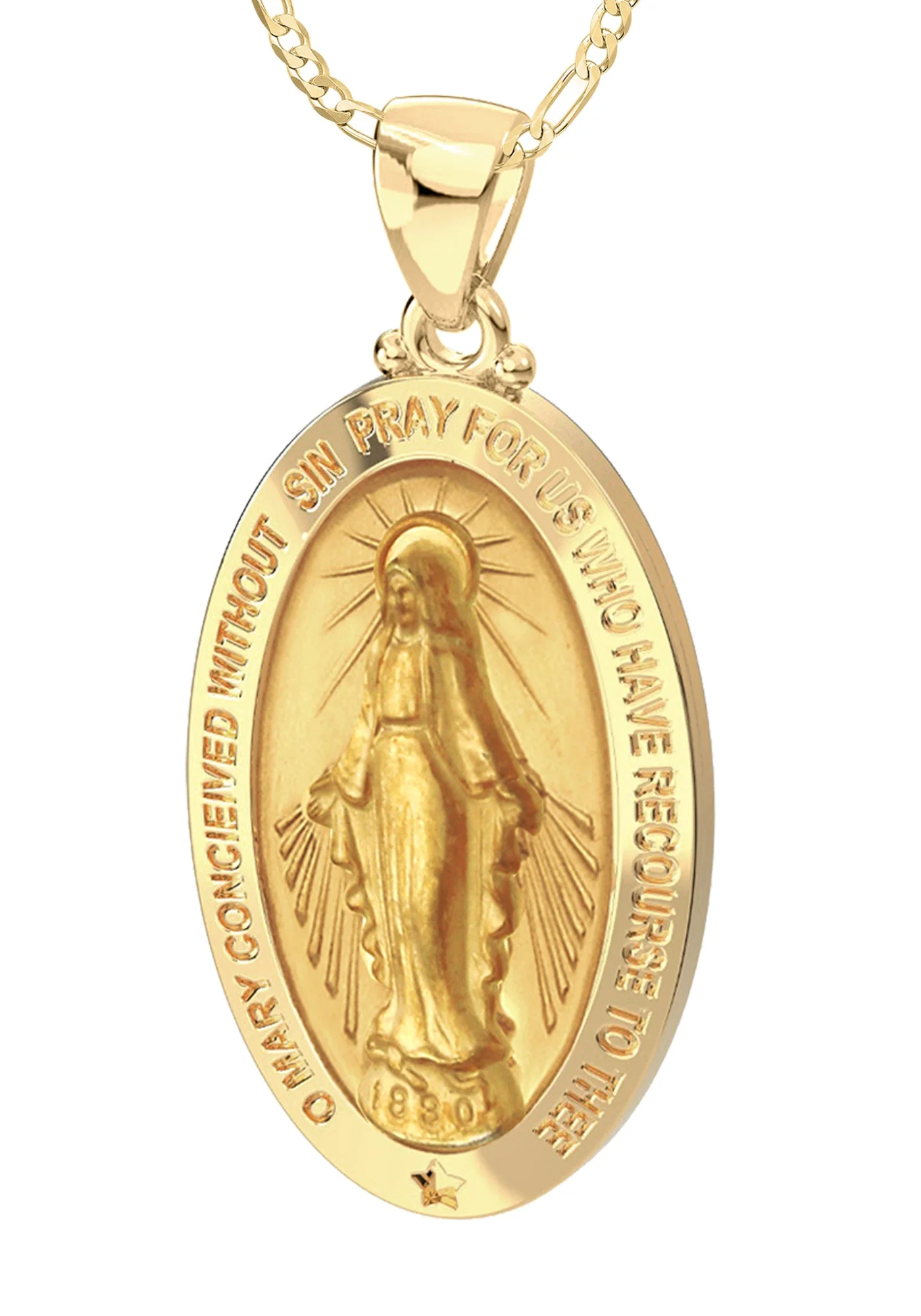 Ladies 14K Yellow Gold Miraculous Virgin Mary Hollow Oval Polished Pendant Necklace, 26mm