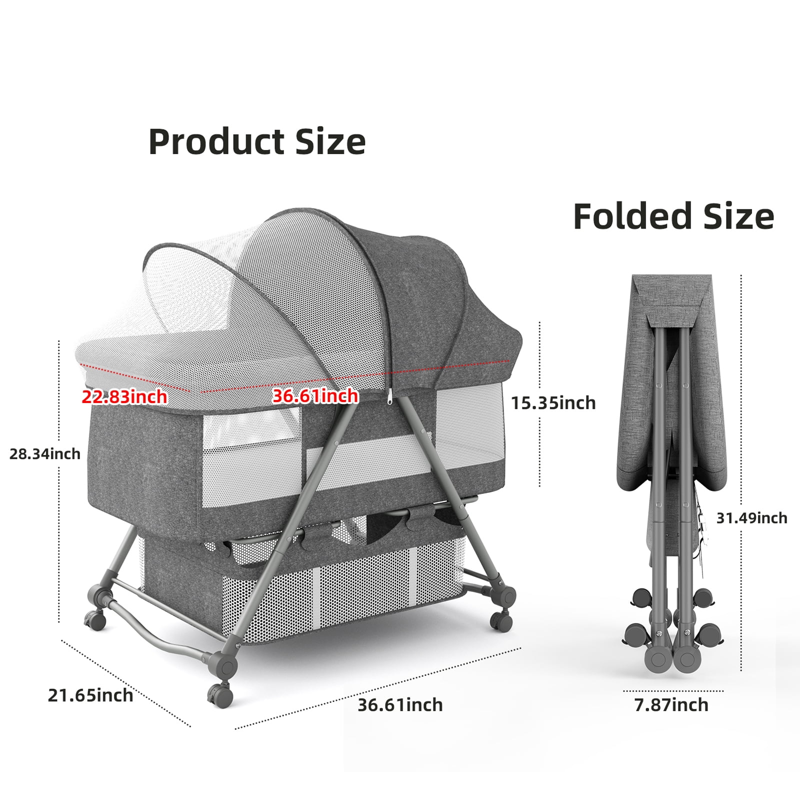 XJD Baby Bassinet Portable Folding Rocking Bassinet for Baby 2-in-1 Rocking Cradle Bassinet for Newborn Infant Crib Toddler Bassinet with Storage Basket, Travel Bag, Gray