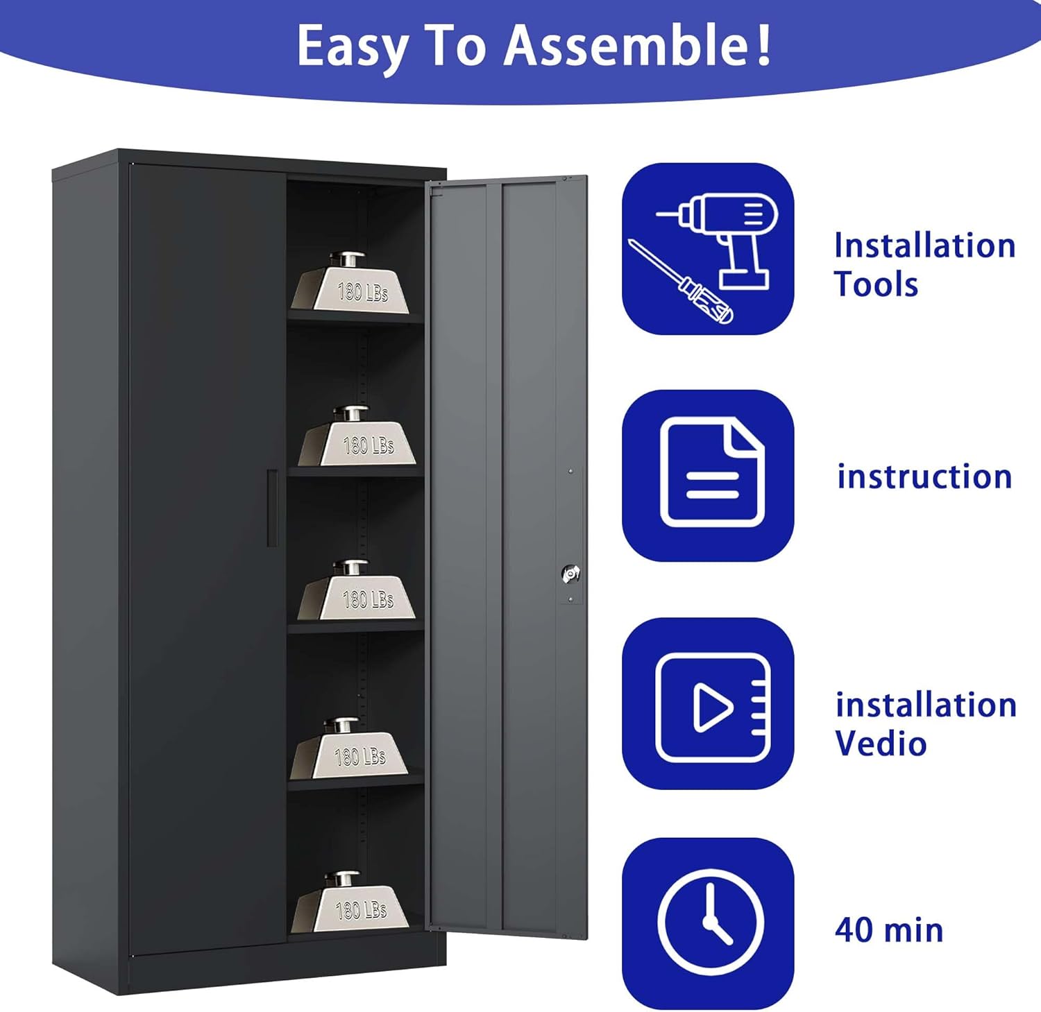 71" H Metal Garage Storage Cabinet Tool Steel Locking Cabinet with Doors and 4 Shelves Tall Cabinets for Garage Storage Systems Lockable File Cabinet for Home Office,Black