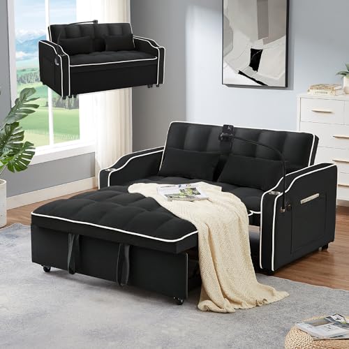 55" Convertible Sofa Bed, 3-in-1 Sleeper Sofa with Pull-Out Bed, Velvet Futon Couch with Reclining Backrest and Side Pocket & Cup Holder & Swivel Phone Stand & USB, Black