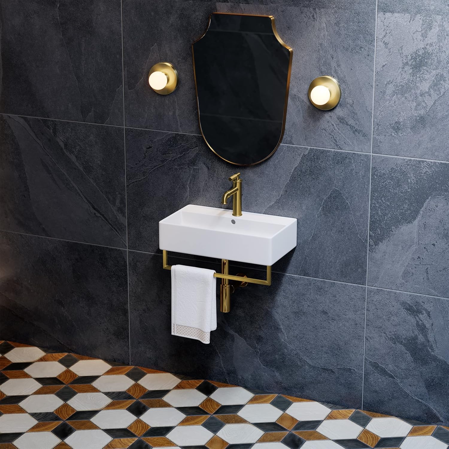 Reims 22" Wall-Mount Bathroom Sink with Brushed Gold Towel Bar