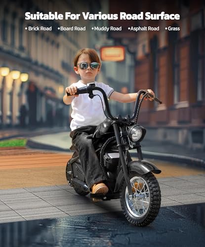 ELEMARA Electric Dirt Bike, 15 mph & 150lb Max, 24V Ride on Toy for Big Kids w/LED Lights & Power Display, Chain-Driven Motor, Twist-Grip Throttle, Shock Springs, Handbrake, 12" Air-Filled Tires-Black