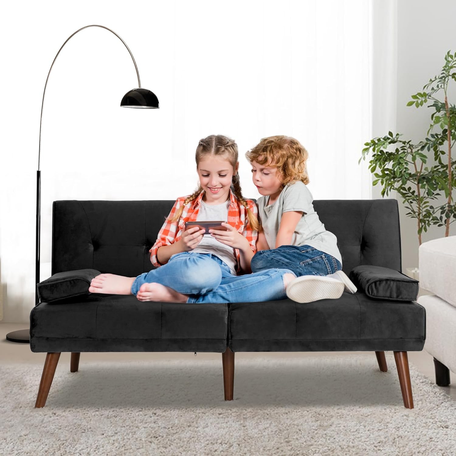 Shintenchi 60" Small Loveseat, 3 in 1 Cute Convertible Sofa Bed, Modern Futon Recliner Sleeper w/2 Cup Holder, Upholstered Folding Couch for Small Space, Black