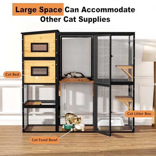 Catio Outdoor Cat Enclosure, Large Cat House for Mulitiple Cats Walk in Cat Cage with Waterproof Cover and Sunshine Panel Roof, Feral Cat Shelter with 7 Platforms and 2 Resting Box, 72 inch