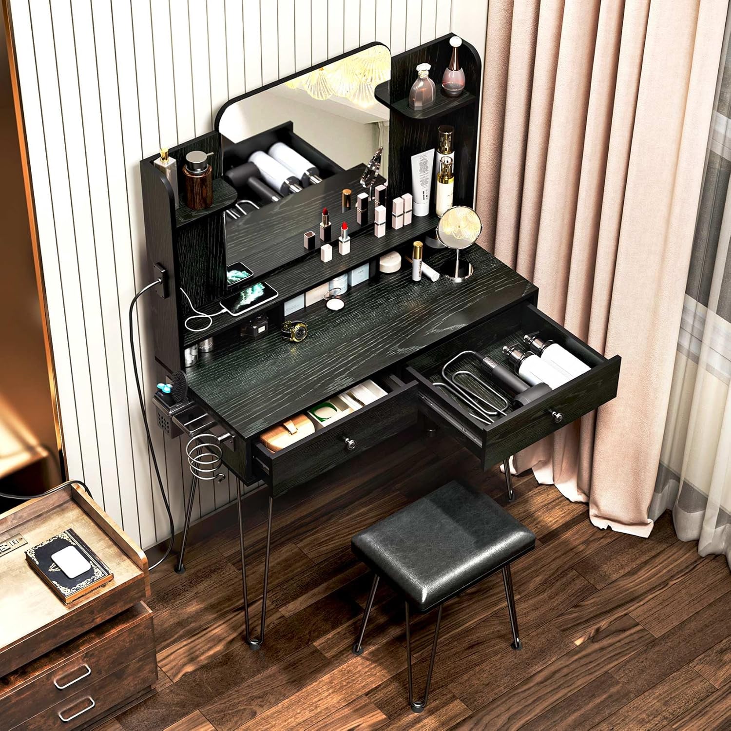 TC-HOMENY Makeup Vanity with Charging Station, Vanity Desk with 2 Drawers and Mirror, Black Vanity Desk Storage Shelves and Cushioned Stool, Vanity Table with Metal Hairpin Legs