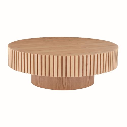 Walnut Wood Coffee Table 31.49" Round Handcraft Drum Coffee Table with Vertical Texture Relief Design Modern Circle Pedestal Tea Table Cocktail Table Center for Living Room,Apartment
