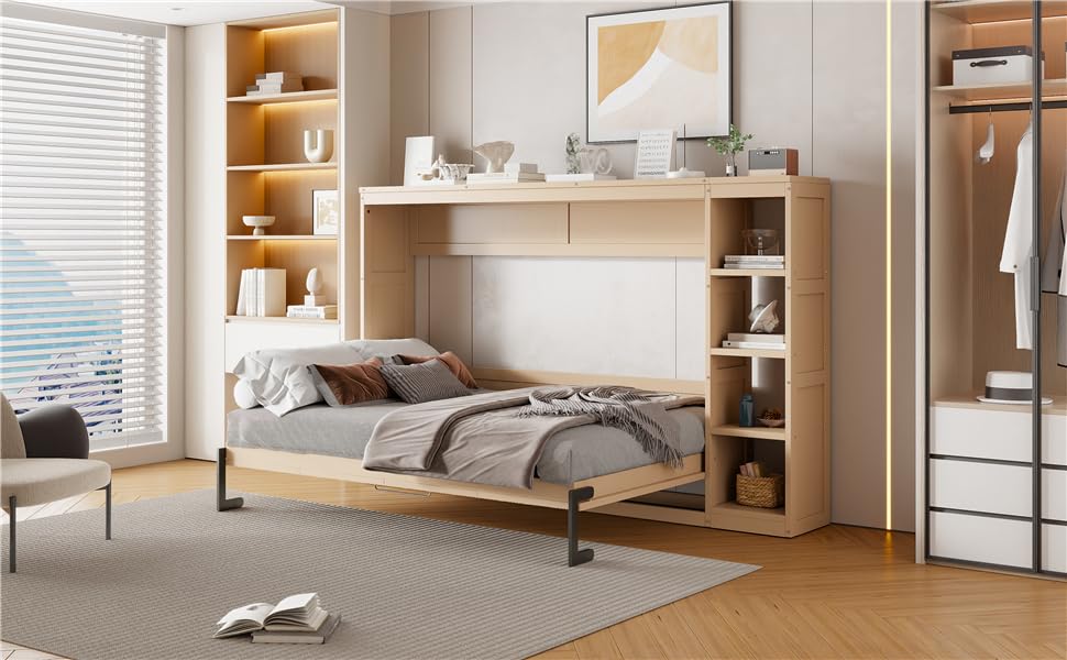 Wooden Murphy Cabinet Bed Frame with Charging Station, Full-Size Foldable Wall Bed with Large Storage Drawer for Home Apartment Limited Living Places, Space-Saving Hidden Bed No Box Spring Needed