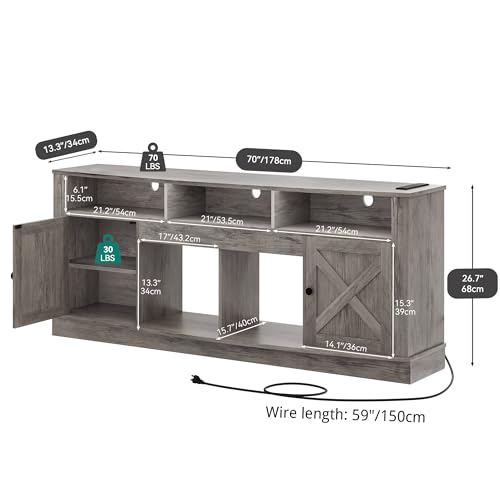 YITAHOME Farmhouse TV Stand for TVS up to 80 Inch, Entertainment Center with Power Outlet, TV Table with Barn Doors & Storage Cabinets, TV Console for Living Room, 70" White