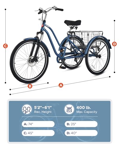 Viribus Adult Tricycle, Tricycle for Adults with Front Suspension and Removable Basket, 24 26 Inch 3 Wheel Bike for Adults 7 Speed Dual Chain, Adult Trike for Men Women Seniors, 400 lb.