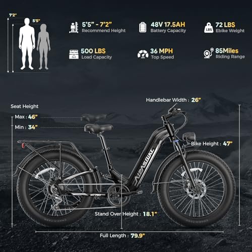 M1 Pro Electric Bike, 1800W Peak Motor Electric Bike for Adults, 48V 17.5Ah, 26'' x 4.0'' Fat Tire Electric Mountain Bike, Ebike with 85 Miles, 36MPH, 7 Speed 110Nm and Dual Suspension