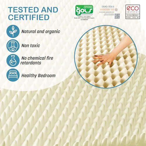 Green Natural Organic Egg Crate Latex Mattress Topper Queen Size - Medium Firm - GOLS Certified Organic Convoluted Latex Foam - Pressure Point Back Pain Relief Sleeps Cool Breathable Bed Pad