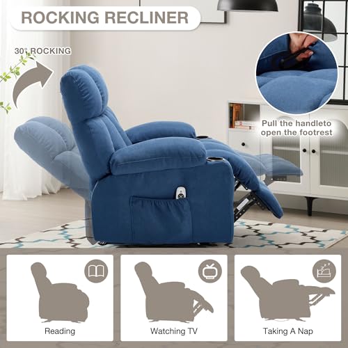 Massage Rocker Recliner Chair with Heat and Vibration Ergonomic Rocking Lounge Chair for Living Room Comfy Overstuffed Recliner with 4 Side Pockets,2 Cup Holders, USB Charge Port, Grey