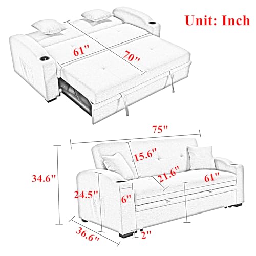 Queen Size Sofa Bed, 3 in 1 Convertible Sleeper Sofa with Pull Out Bed and Backrest Pillows, Pinstripe Corduroy Loveseat Couch for Living Room Apartment, No.1-Beige