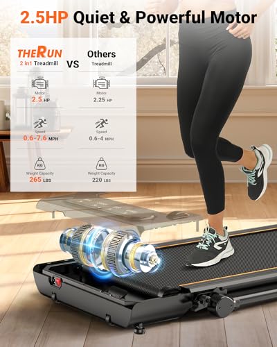 THERUN 2.5HP Treadmill, 2 in 1 Under Desk Walking Pad Treadmill, Electric Compact Space Folding Treadmill for Home Office with LED Touch Screen 0.6-7.6MPH Wider Running Belt, No Assembly Needed
