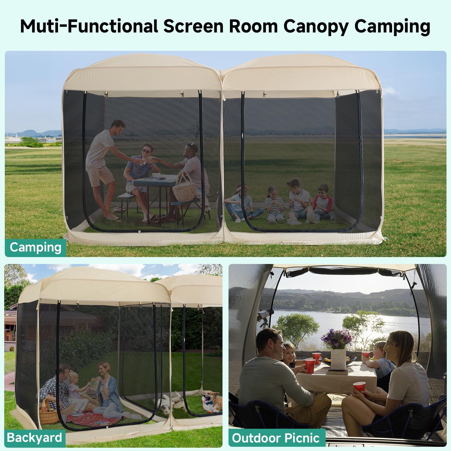 Alvantor Screen House Room 2024 Upgraded 2 in 1 Screen Tent Pop Up Gazebo with Mesh Mosquito Netting, Sun Shade Outdoor Canopy for Patio, Camping, Backyard and Outside Activities- 12' x 7.5', Beige