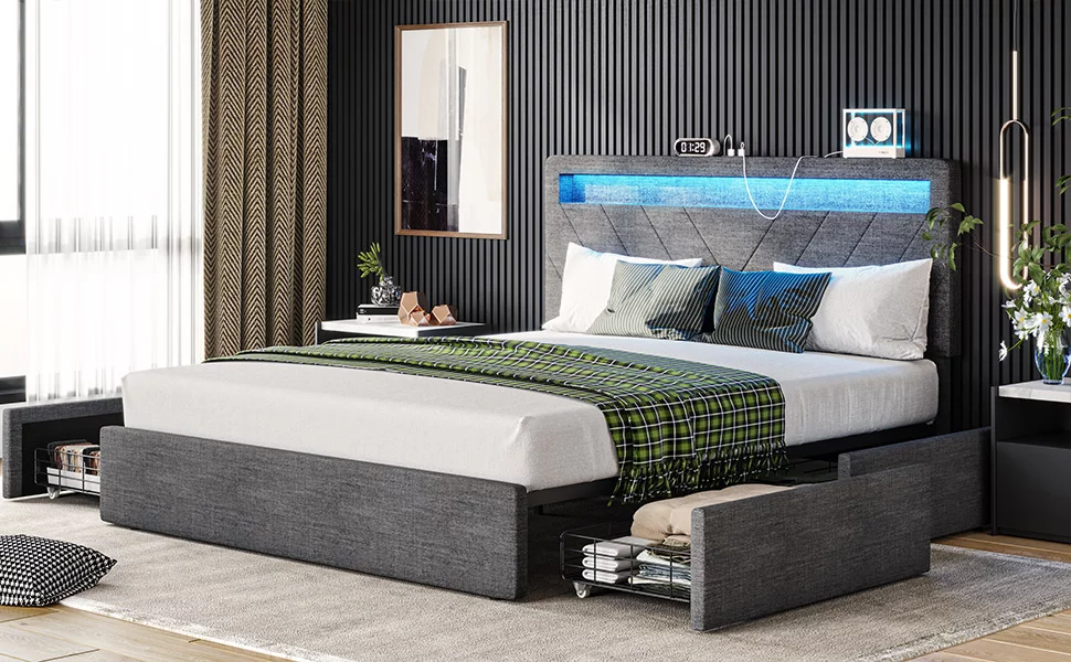 Queen Bed Frame with 4 Storage Drawers and 2 USB Charging Station, Upholstered Platform Bed Frame with LED Headboard,Dark Grey