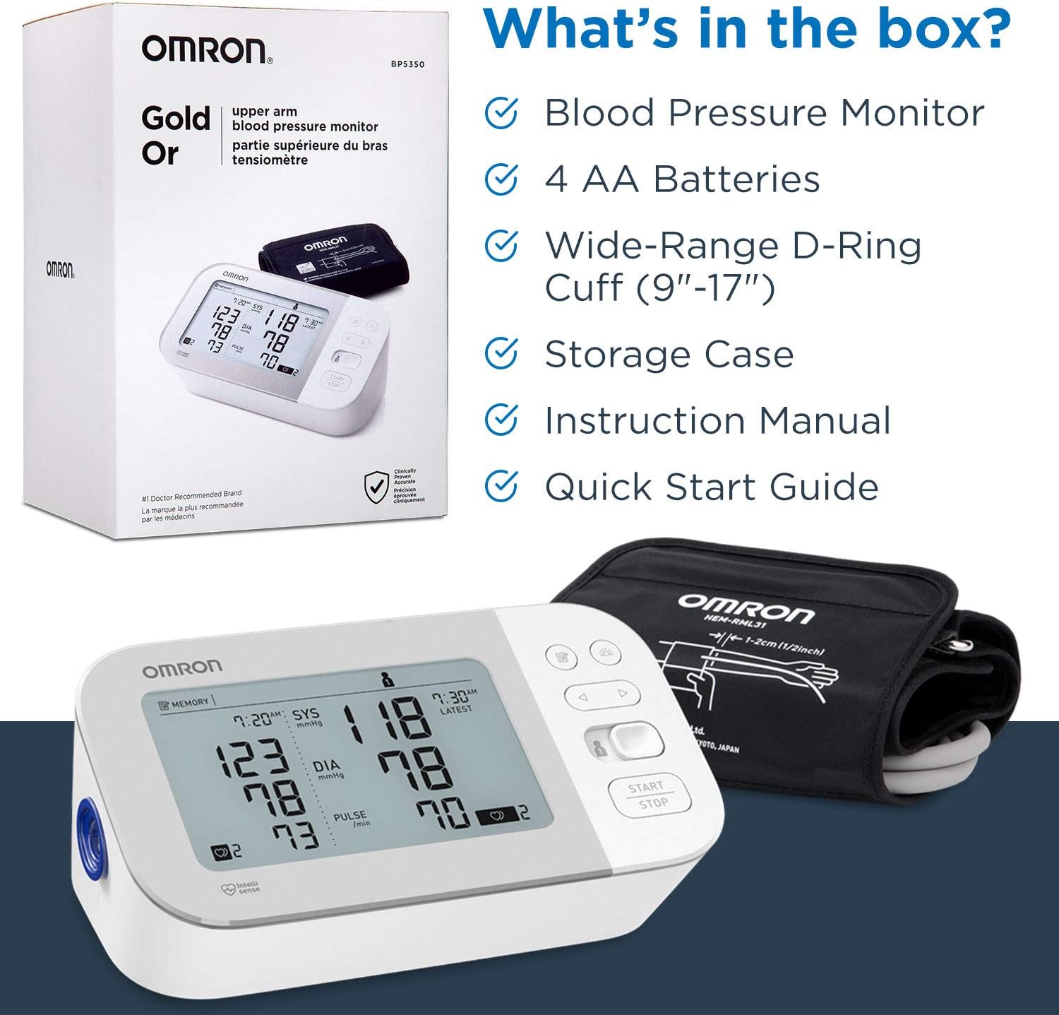 OMRON Gold Blood Pressure Monitor, Premium Upper Arm Cuff, Digital Bluetooth Blood Pressure Machine, Stores Up To 120 Readings for Two Users (60 readings each)