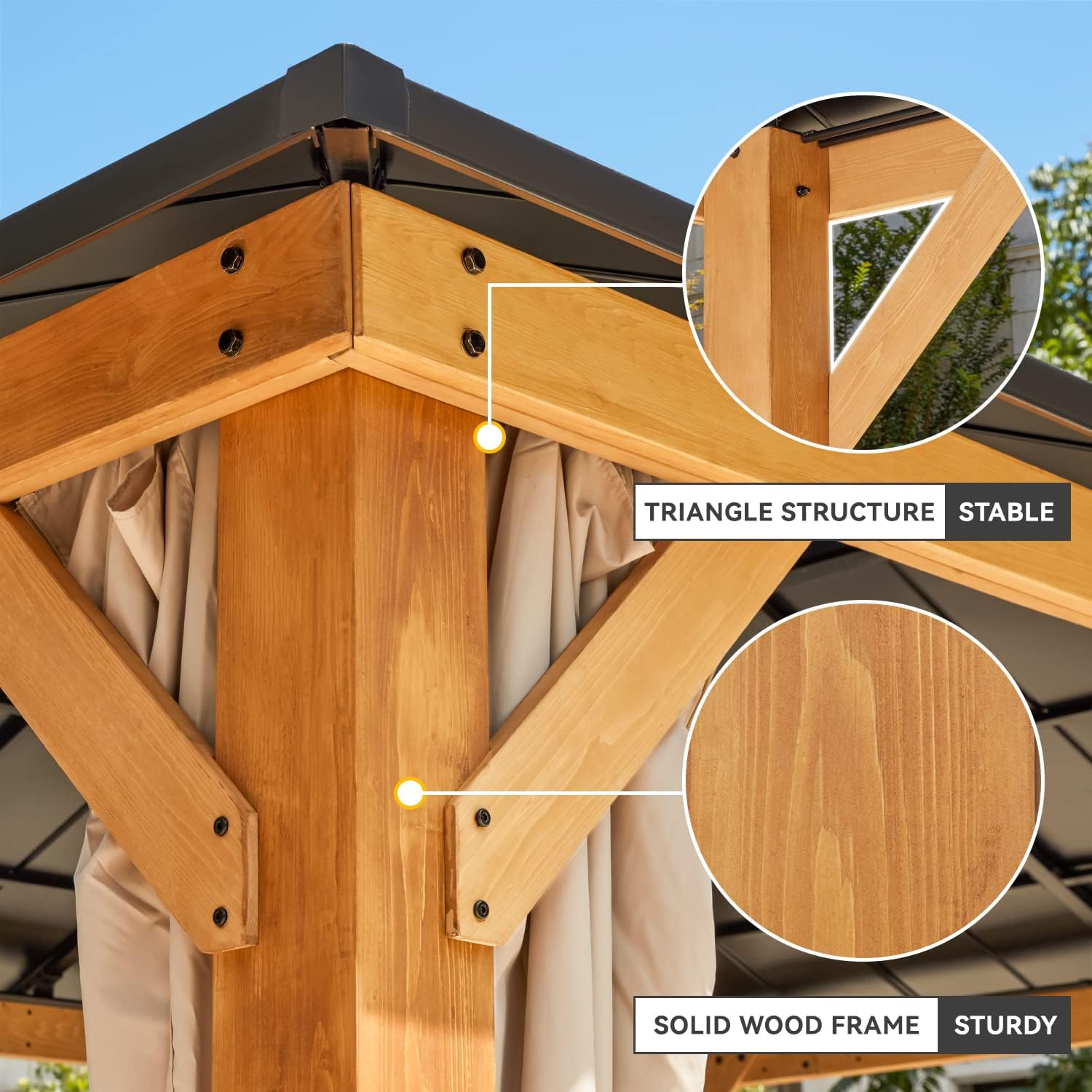 EROMMY 13'x15' Wood Gazebo, Outdoor Hardtop Gazebo Pavilion with Netting and Curtains, Spruce Wooden Frame Double Roof Metal Canopy for Patio Backyard Deck Garden
