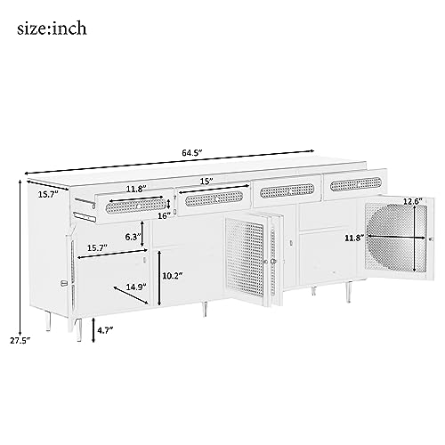 Rattan Buffet Sideboard Cabinet,4 Doors Storage Cabinet Console Table Decorative Cabinet with 4 Drawers, Adjustable Shelves for Kitchen Living Room Dining Room, White (White)