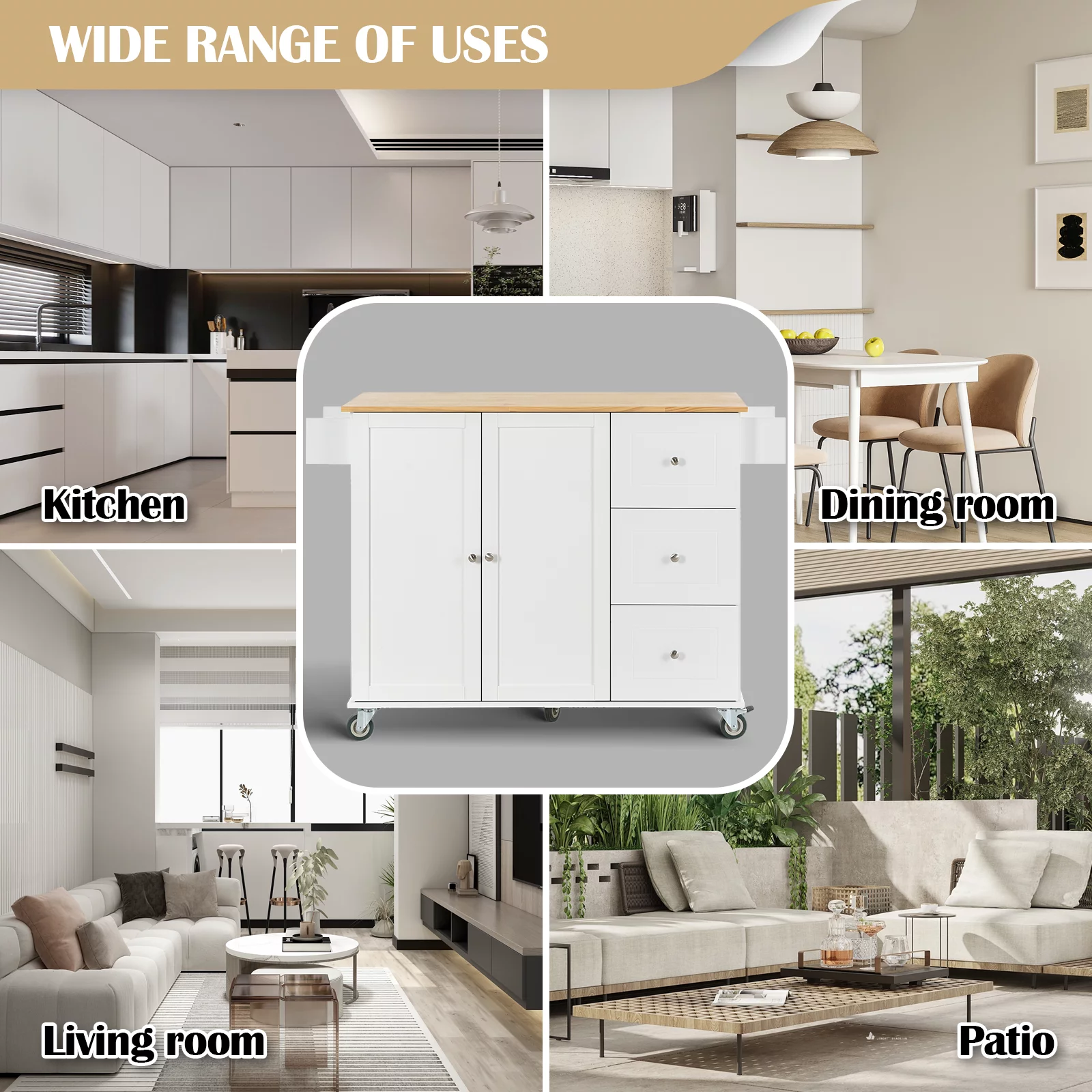 53 inch Portable Kitchen Island with Drop Leaf, Rolling Kitchen Island with Storage,White