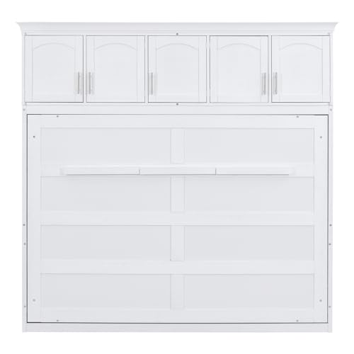 Horizontal Murphy Bed Full Size Hidden Murphy Bed with Storage Cabinet, Foldable Wall Bed for Bedroom Living Room Guest Room, White