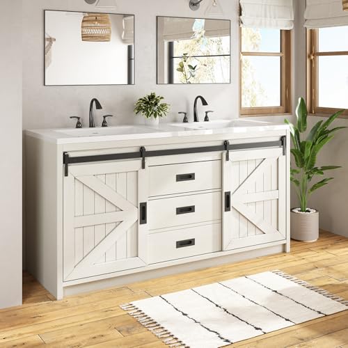 60" Farmhouse Sliding Barn Door Bathroom Double Vanity with Sink Combo, Bathroom Vanity Cabinet with Drawers & Metal Handles, Freestanding, Gray