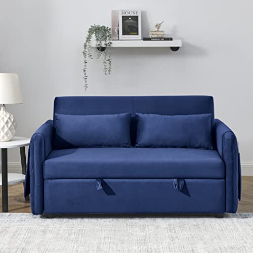 Pull Out Sofa Bed, Velvet Sleeper Sofa Loveseat Sofa Bed, Futon Sofa Bed Lounge Sofa with Reclining Backrest, Toss Pillows, Pockets, Convertible Sleeper Sofa Bed-Black