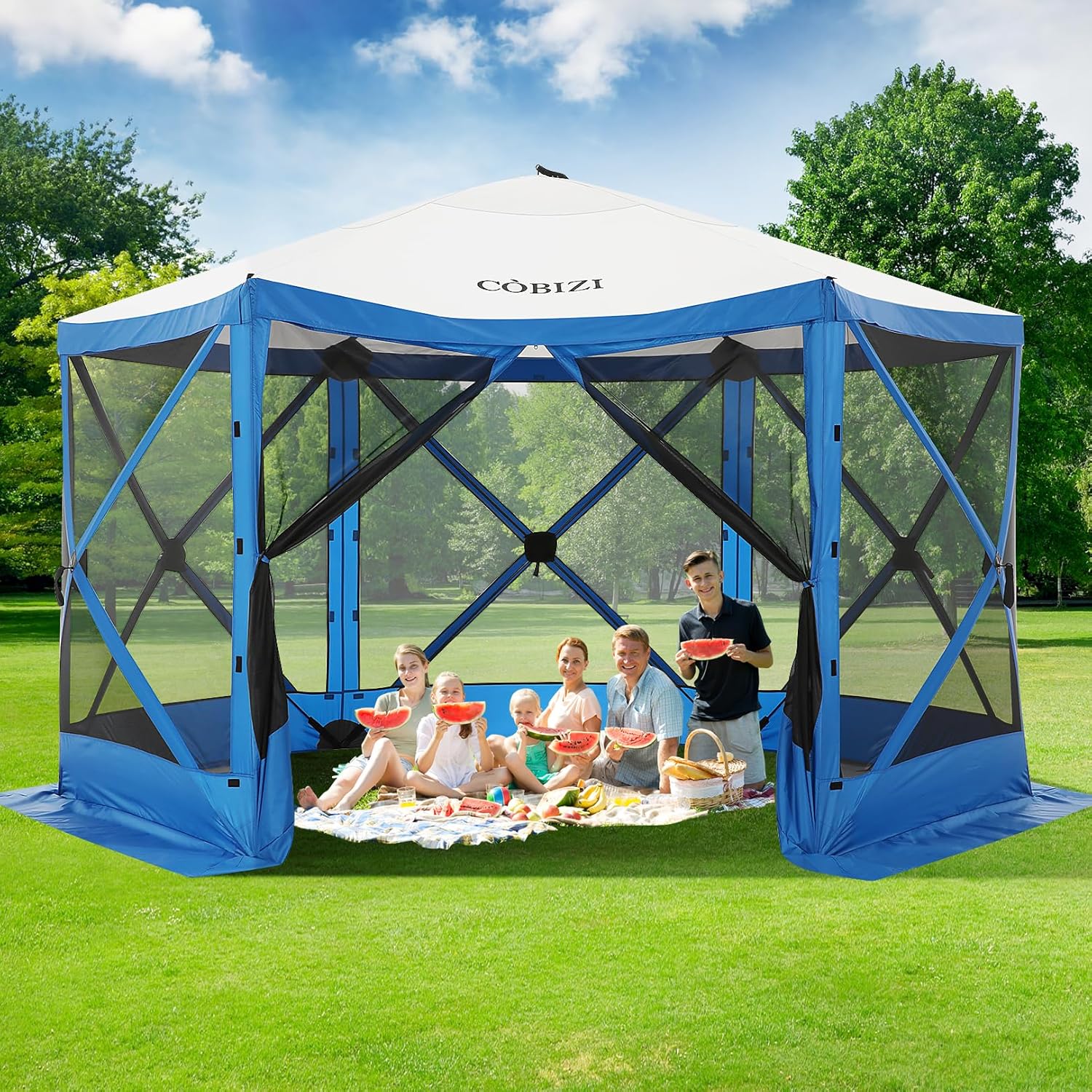 COBIZI 12x12ft Pop up Gazebo Screen House Tent with Mosquito Netting, 6 Sided Pop-up Canopy Shelter Tent Easy-Set portable gazebo with Carry Bag for Outdoor Camping, Lawn and Backyard, Blue