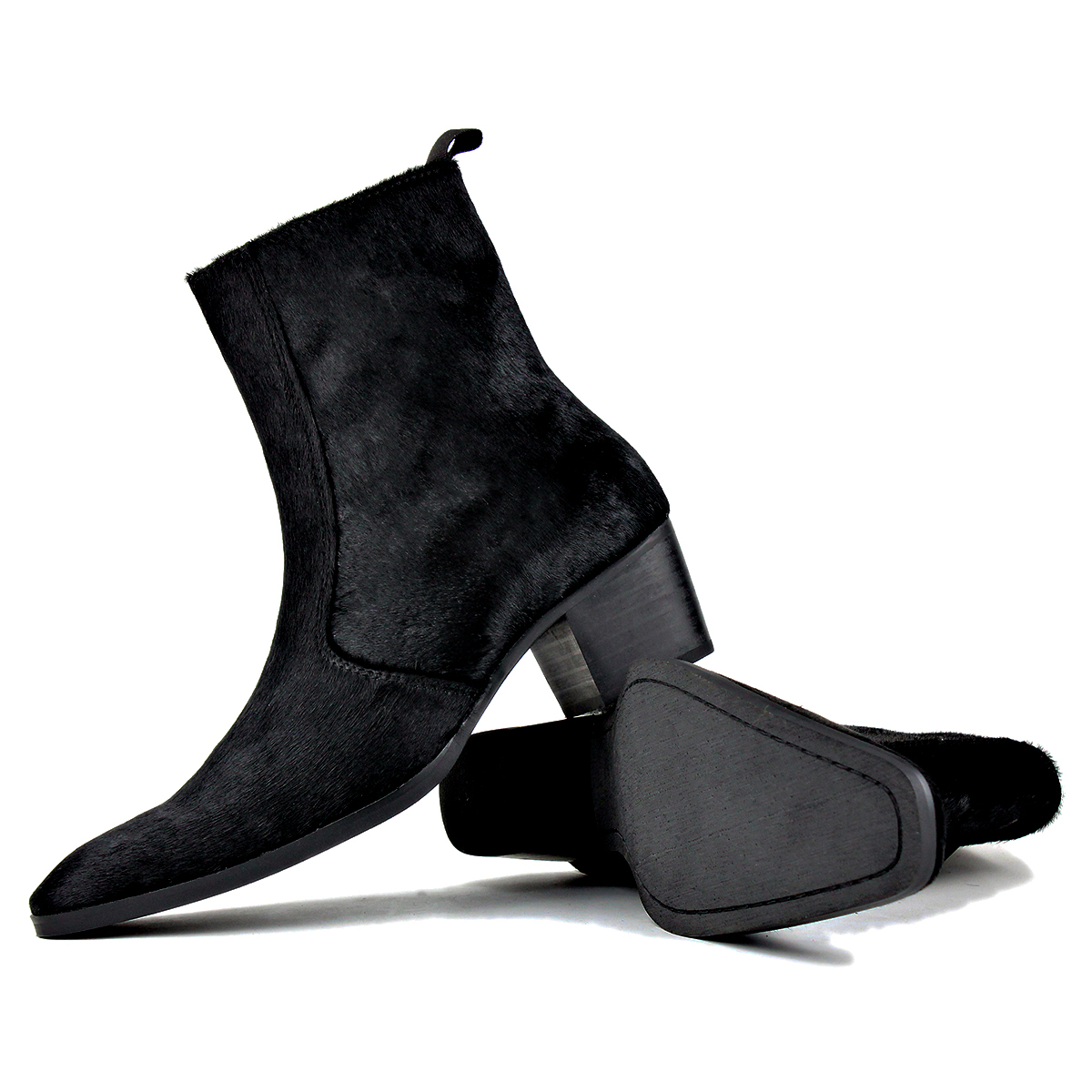 OSSTONE Dress Boots Chelsea Pony Hair Boots for Men Zipper-up Leather Casual Heel Shoes JY021-Black-7 Black