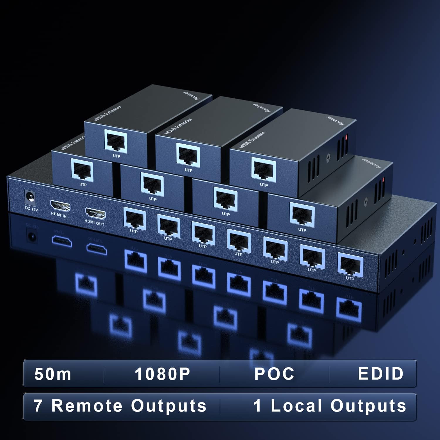 HDMI Extender Splitter 1x2 1080P@60Hz Over Cat 5E/6/7 Ethernet Cable 50m (165ft) Support 2 HDMI loopout EDID Copy POC Function (1 in 2 Out)