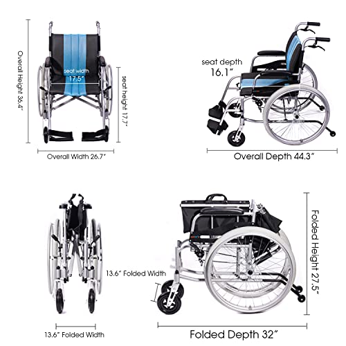 Lightweight Wheelchair 21lbs Self-propelled Chair with Travel Bag and Cushion, Portable 17.5” W Seat, Brake, Anti-Tipper, Swing-Away Footrests, 220lbs Weight Capacity, Blue (Pack of 1)