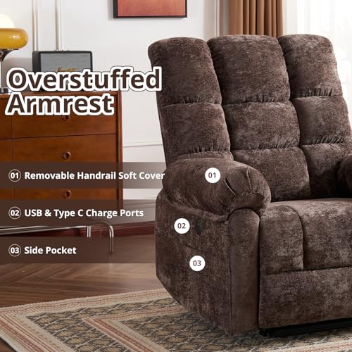 Oversized Power Lift Recliner Chair for Elderly, Extra Wide Lift Chair with Masssage and Heat, Chenille Electric Recliner Chairs for Big and Tall, USB Ports, Coffee