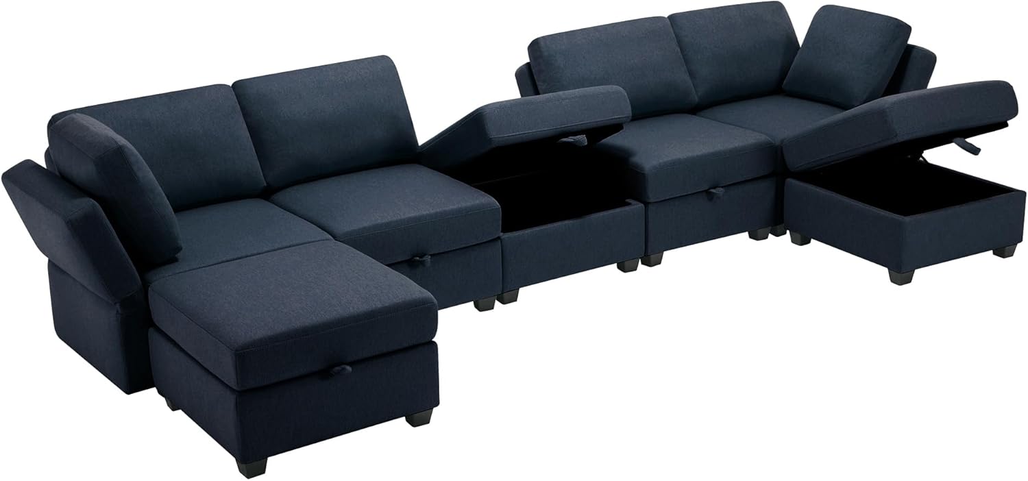 GOWE Modular Sectional Sofa U Shaped Sectional Couch with Ottoman, 7 Seat Modular Sofa with Chaise for Living Room, Adjustable Arms and Backs - Blue
