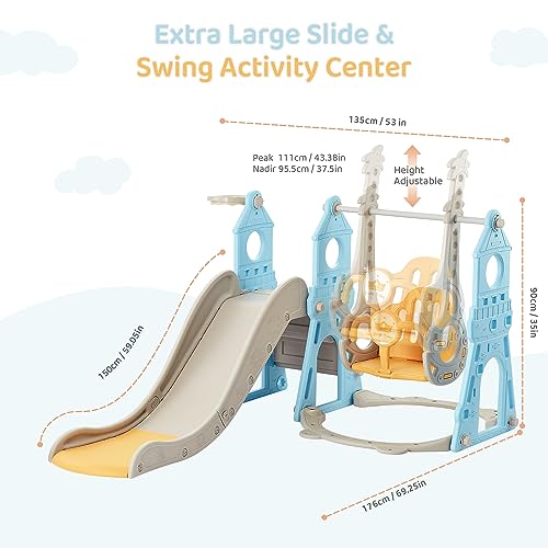 4-in-1 Toddler Slide and Swing Set with Extra Large Playground, Basketball Hoop & Climber, Indoor/Outdoor Playset, Castle Collection - Blue & Yellow