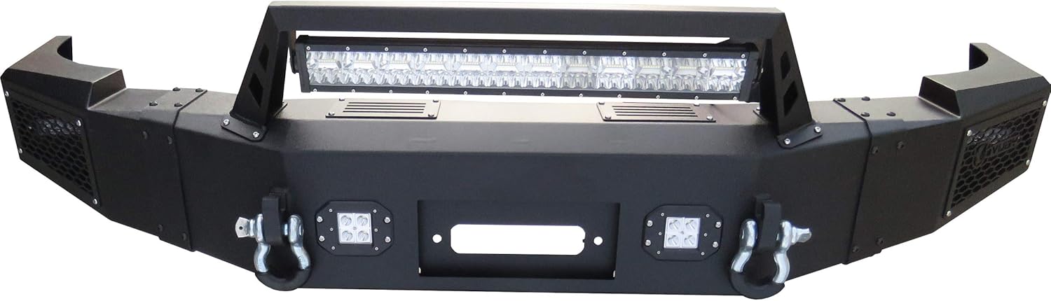 Ronghui Silverado Front Bumper Textured Black w/Winch Plate and 4x20W LED light and 1x144W Light Bar and 2xD-Rings for 2007-2013 Chevrolet Silverado 1500