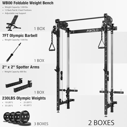 Mikolo Folding Squat Rack, Wall Mounted Power Rack with Cable Crossover Machine & LAT Pull Down, Functional Trainer with 5 Adjustable Function Modes, for Home Gym and Space Saving