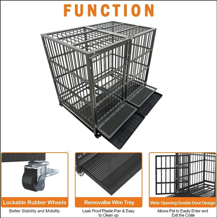 54/48/38 inch Heavy Duty Indestructible and Escape-Proof Dog Crate Cage Kennel for Large Dogs, High Anxiety Dog Crate with Removable Crate Trays, Wheels and Double Door, Extra Large XL XXL