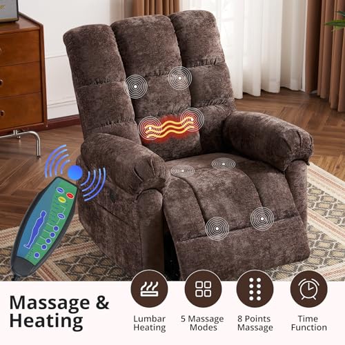Oversized Power Lift Recliner Chair for Elderly, Extra Wide Lift Chair with Masssage and Heat, Chenille Electric Recliner Chairs for Big and Tall, USB Ports, Coffee
