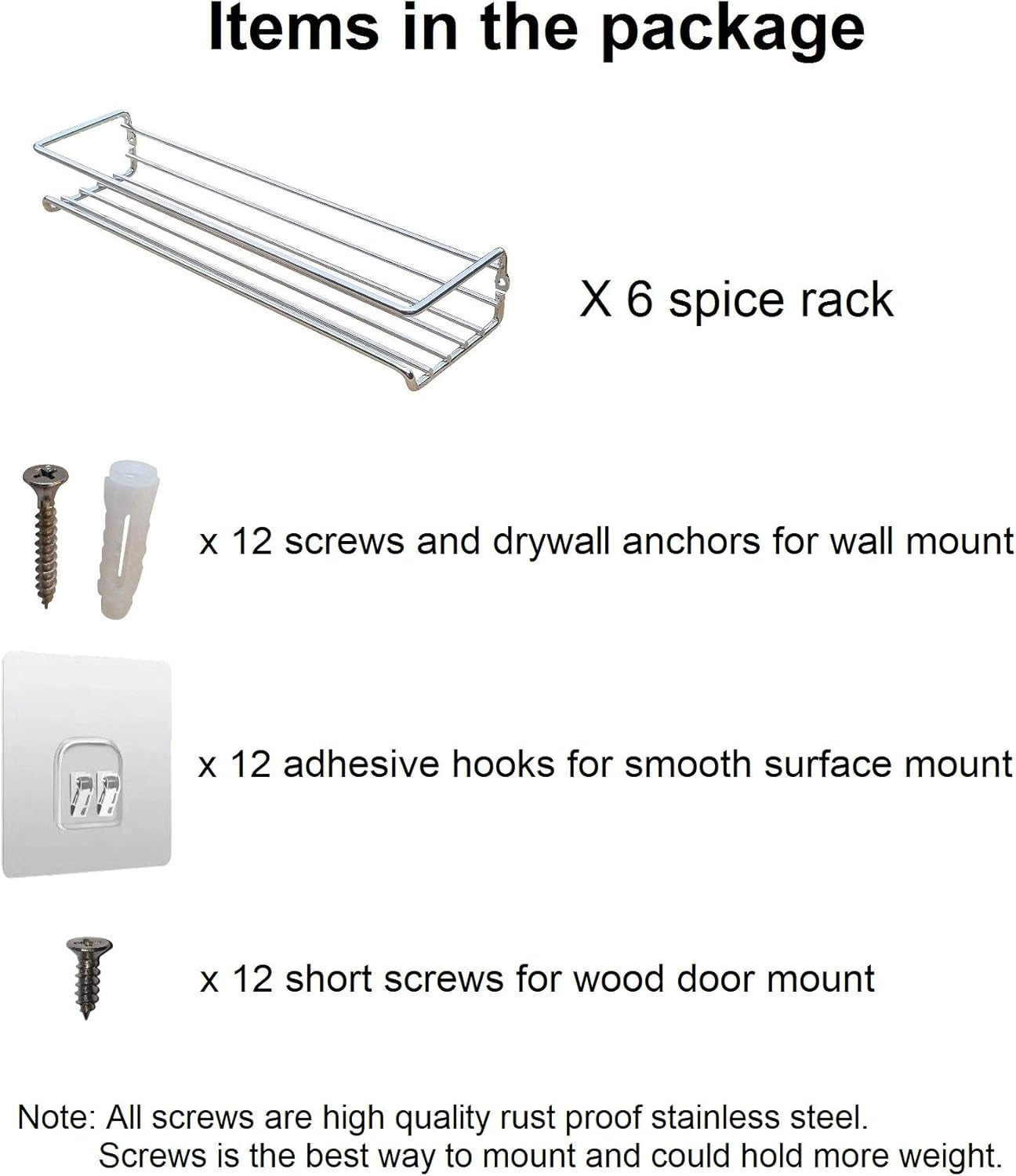 6 Pack. Wall mount spice rack organizer for cabinet. Spice shelf. Seasoning organizer. Pantry door organizer. Spice storage. 12 x 3 x 3 inches. Premium Present brand