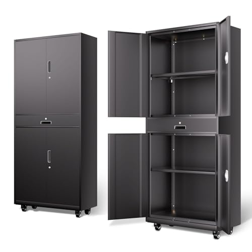 DNA MOTORING 71'' Metal Storage Cabinet, Locking Tool Cabinet with 1 Drawer and Adjustable Shelves, Lockable Heavy Duty Metal Locker for Garage,Office,Home,Gym, Gray, TOOLS-00629-GY-GY-A